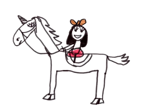 Child Drawing Girl Riding Horse White Background — Stock Photo, Image