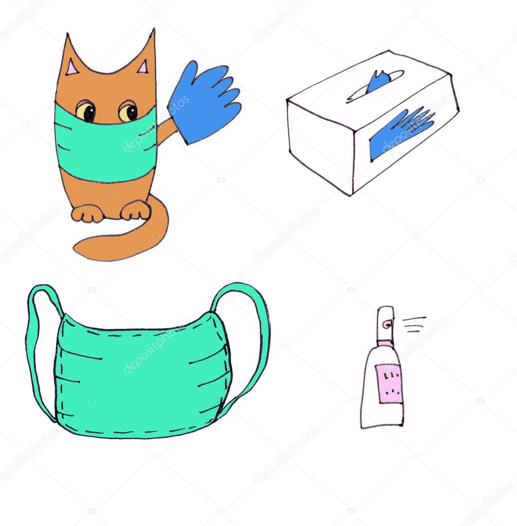color drawing cat in mask and glove with advertises anti-epidemic means - gloves, mask, sanitizer