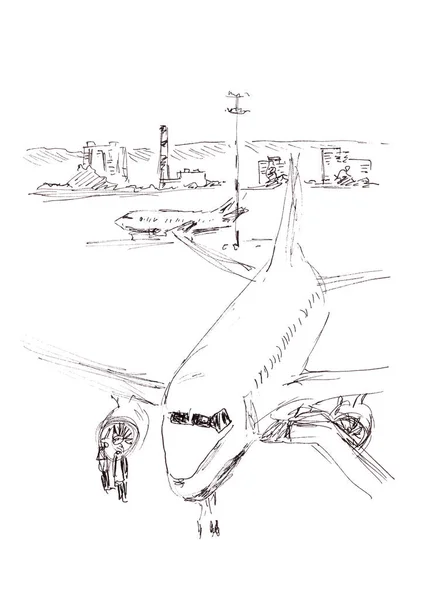 Desenho Gráfico Preto Branco Avião Aeroporto Sobre Fundo Branco — Fotografia de Stock