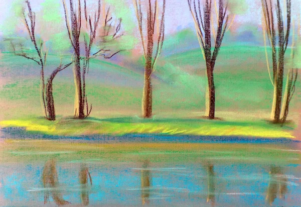 Printemps Doux Paysage Pastel Avec Des Reflets Dans Eau Sur — Photo