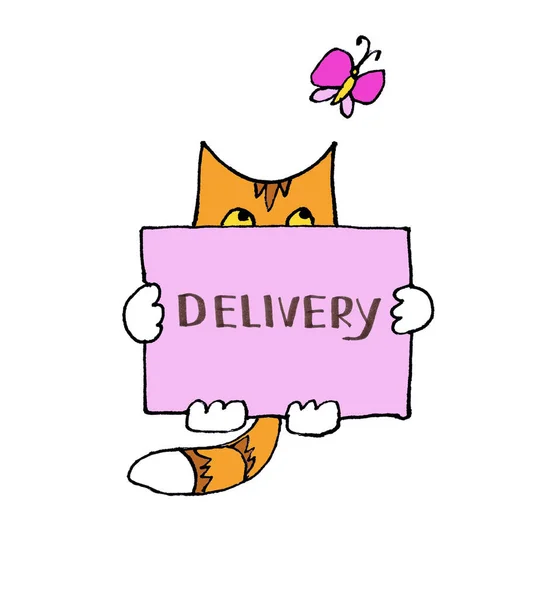 红猫看着蝴蝶 拿着一个粉红盒子 上面印有 运送动物物品或可爱礼品 — 图库照片