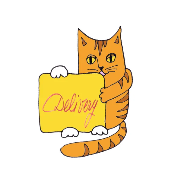 Lodní Červená Kočka Drží Žlutou Krabici Nápisem Doručení Grafiku Dodávka — Stock fotografie