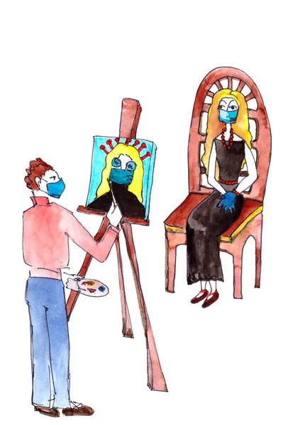 The artist paints a portrait of a girl in a mask during an epidemic of coronavirus. color graphic