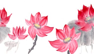 Beyaz arkaplanda Çin mürekkebi tarzında kusursuz yatay nilüfer çiçeği.