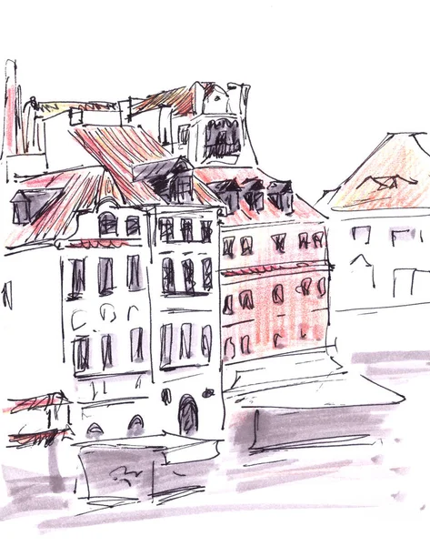 sketch - houses in the old city in Warsaw, country name - Poland, on a white background