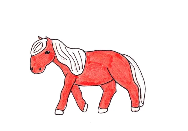 Child Drawing Orange Cute Pony White Background — Stock Photo, Image