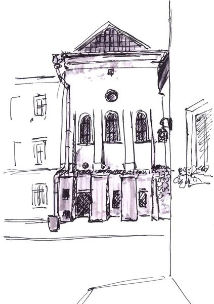 Croquis Noir Blanc Haute Synagogue Cracovie Nom Pays Pologne Sur — Photo