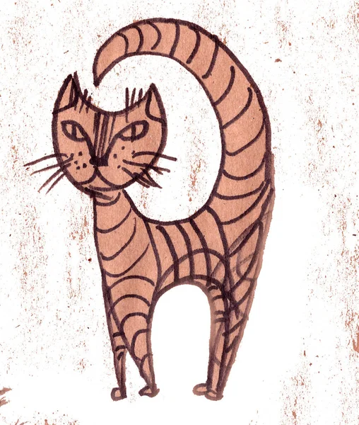 Dekoracyjny Abstrakcyjny Prążkowany Rudy Kot Jasnym Teksturowanym Tle Rysunek Graficzny — Zdjęcie stockowe