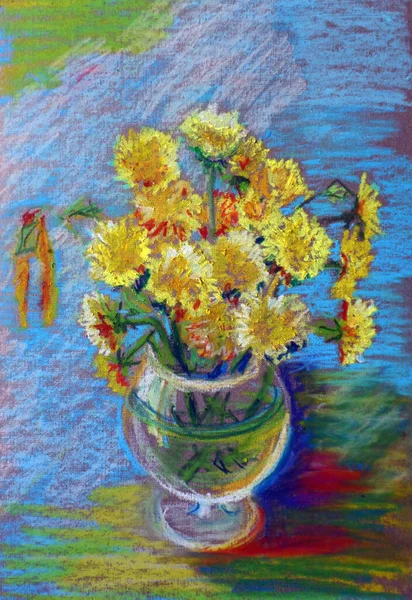 color drawing oil pastel bouquet of dandelions in a glass on a blue background