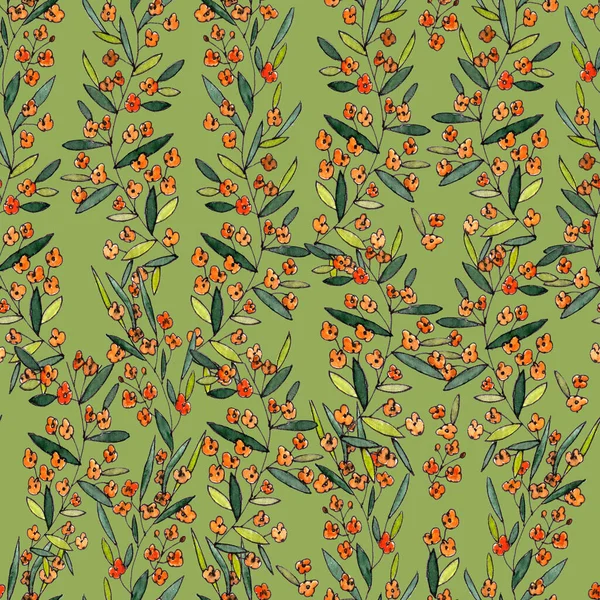 Бесшовный Узор Ветвей Узкими Длинными Листьями Оранжевыми Цветами Зеленом Фоне — стоковое фото