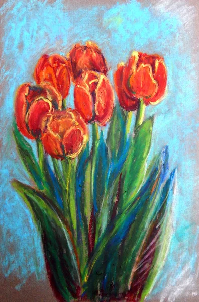 Tekening Olie Pastel Boeket Van Rode Tulpen Een Blauwe Achtergrond — Stockfoto