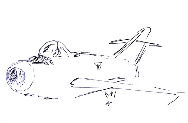 Beyaz Zemin Üzerinde Havaalanında Bir Uçağın Siyah Beyaz Çizimi — Stok fotoğraf