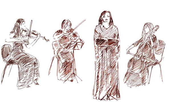 Disegno Grafico Lineare Cantante Classico Violinista Violoncellista Sfondo Bianco — Foto Stock