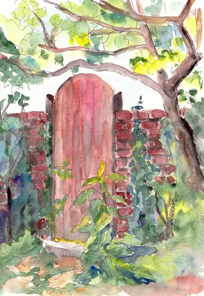 Watercolor Color Sketch Door Secret Garden Trees Greenery Travel Sketch — Stock Photo, Image