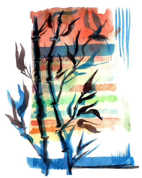abstract watercolor drawing of chinese-style bamboo on a red and blue background