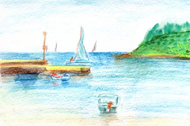 Tekneli deniz kıyısı yaz plajı manzarası. grafik renk resmi 