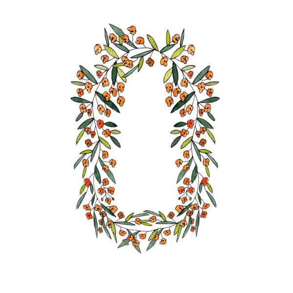 英语和拉丁花字母表的字母O 白色背景上的彩色图形 橙花盛开的枝条的字母O — 图库照片