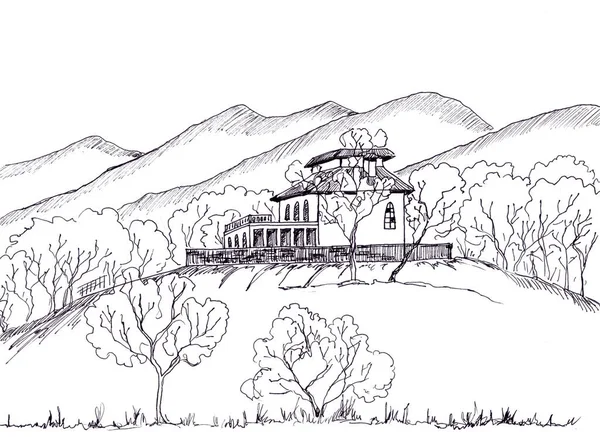 cozy house in the mountains linear black and white drawing on a white background