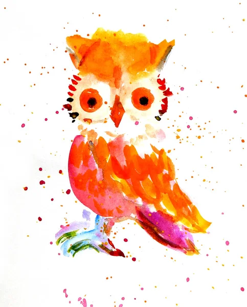 Autumn Multicolored Watercolor Owl Cartoon Style White Background — Stock Photo, Image