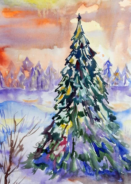 Akvarel Kreslení Vánoční Strom Zimní Krajině Pozadí — Stock fotografie