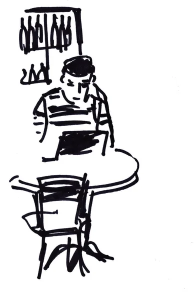 black and white sketch - man with laptop at cafe table isolated on a white background