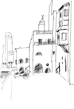 seyahat çizimi siyah beyaz grafik çizim. Jaffa 'daki toprak seti, Tel Aviv, İsrail