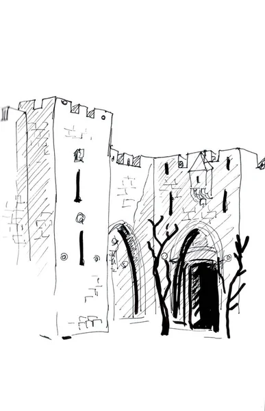 Boceto Viaje Dibujo Gráfico Blanco Negro Puerta Jaffa Jerusalén Israel — Foto de Stock