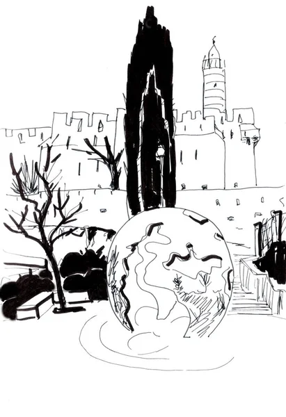 Путешествия Эскиз Черно Белый Графический Рисунок Перед Воротами Яффо Иерусалиме — стоковое фото