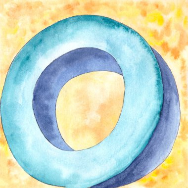 İngiliz ve Latin alfabesinin O harfinin illüstrasyonu suluboya dokusu, yazı tipi sembolü O. Sarı elementte mavi elementi izole ediyor..