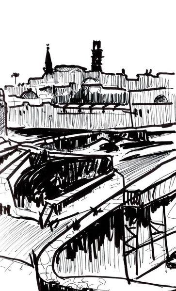 Graphic Black White Drawing Landscape Mosque City Akko Israel Traveled — Stock Photo, Image