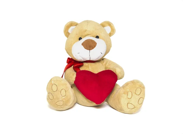 Valentijnsdag Liefde Hart Paar Van Teddyberen Omhelzing Knuffelen Handgemaakte Rood — Stockfoto