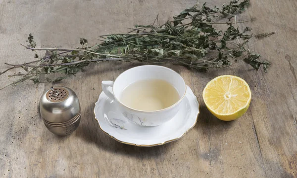 Cup Tea Mint Tea Strainer Old Wooden Table — Stock Photo, Image