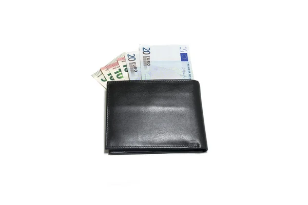 Svart Läder Plånbok Med Euro Isolerad Vit Bakgrund — Stockfoto