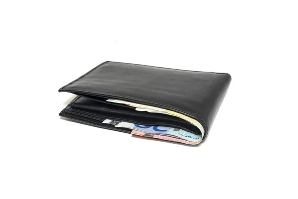 Black Leather Wallet Euros Isolated White Background — Stock Photo, Image