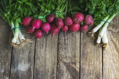 Turp ve taze soğan eski, kırsal ahşap masada. Kopyalama alanı ile görünümün üstünde