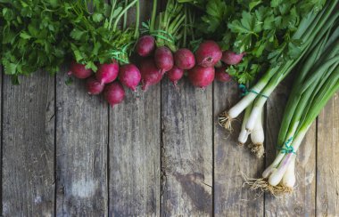 Turp ve taze soğan eski, kırsal ahşap masada. Kopyalama alanı ile görünümün üstünde