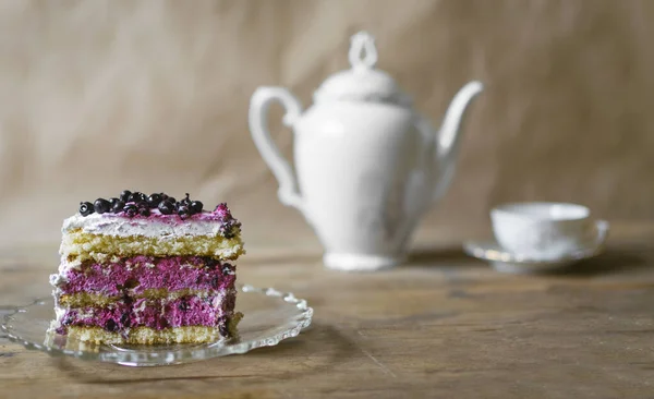 Piece Blueberry Cake Wooden Table Cup Tea Background — Stock Photo, Image