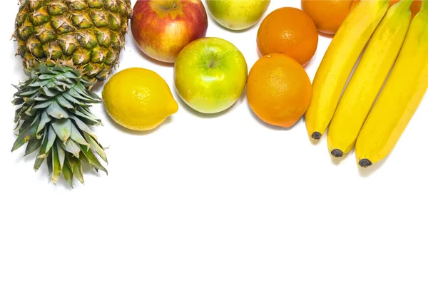 Friska Frukter Äpplen Ananas Bananer Apelsiner Citron Isolerad Vit Bakgrund Stockbild