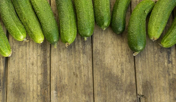Fresh Cucumbers Old Wooden Table Top View Place Text — Stock Photo, Image