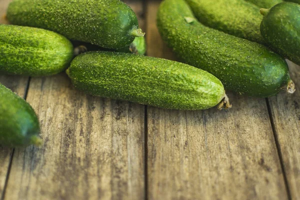 Fresh Cucumbers Old Wooden Table Selective Focus Place Text — Stock Photo, Image