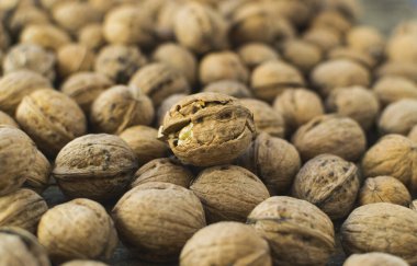 Kabuklu taze ceviz. Seçici odak ve tam çerçeve.