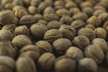 Kabuklu taze ceviz. Seçici odak ve tam çerçeve.