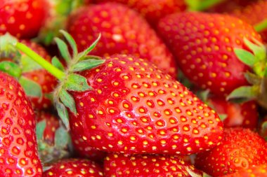 Güzel, sulu ve taze kırmızı çilekler. Kapat ve seçici odaklan