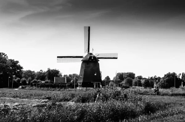 Mulino a vento olandese in bianco e nero — Foto Stock