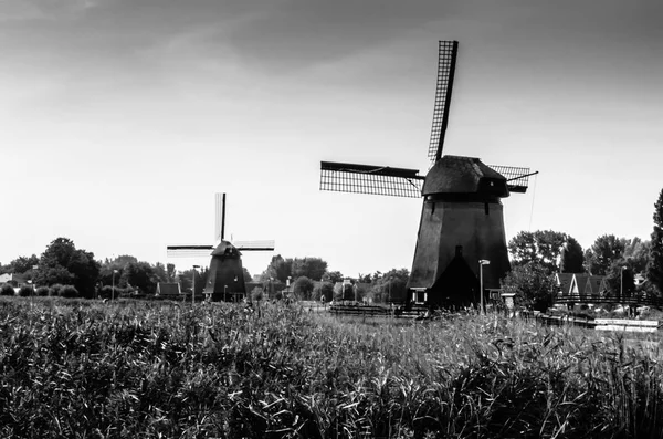 Moulin à vent néerlandais noir et blanc — Photo