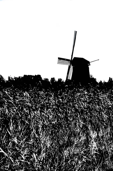 Holandský větrný mlýn silueta — Stock fotografie