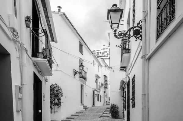 Architecture in the Mediterranean white village of Altea, Alicante province, Spain; black and white image