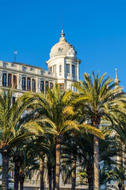 İspanya 'nın Akdeniz kenti Alicante' de mimari ve palmiye ağaçları