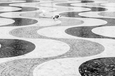 İspanya, Alicante 'deki kaldırım taşlarının siyah beyaz görüntüsü, dokulu arka plan