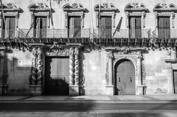 Detalhe Arquitetônico Prédio Prefeitura Alicante Espanha Imagem Preto Branco — Fotografia de Stock